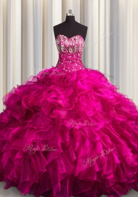 Fuchsia Sleeveless Organza Brush Train Lace Up Sweet 16 Quinceanera Dress for Military Ball and Sweet 16 and Quinceanera