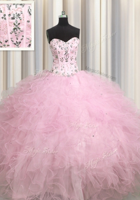 Glittering Visible Boning Baby Pink Sleeveless Tulle Lace Up Quinceanera Dress for Military Ball and Sweet 16 and Quinceanera