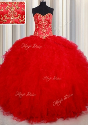 Graceful Red Lace Up 15th Birthday Dress Beading and Embroidery Sleeveless Floor Length