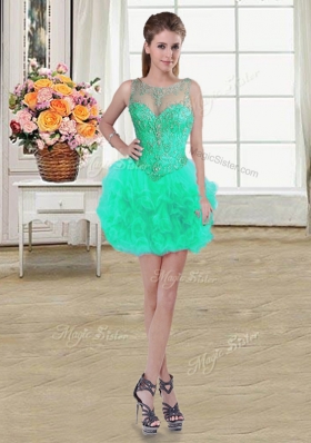 Lovely Four Piece Scoop Sleeveless Quince Ball Gowns Floor Length Beading and Ruffles Turquoise Tulle