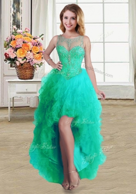 Lovely Four Piece Scoop Sleeveless Quince Ball Gowns Floor Length Beading and Ruffles Turquoise Tulle