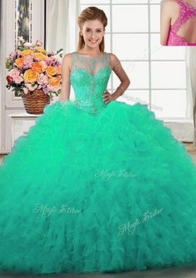 Lovely Four Piece Scoop Sleeveless Quince Ball Gowns Floor Length Beading and Ruffles Turquoise Tulle