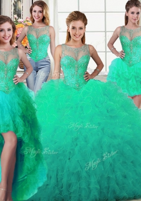 Lovely Four Piece Scoop Sleeveless Quince Ball Gowns Floor Length Beading and Ruffles Turquoise Tulle