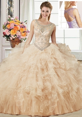 Most Popular Four Piece Scoop Sleeveless Floor Length Beading and Ruffles Lace Up 15 Quinceanera Dress with Champagne