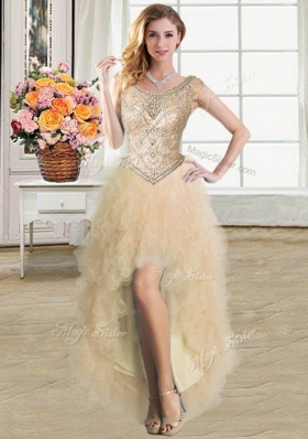 Most Popular Four Piece Scoop Sleeveless Floor Length Beading and Ruffles Lace Up 15 Quinceanera Dress with Champagne