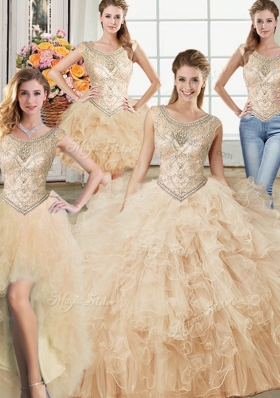 Most Popular Four Piece Scoop Sleeveless Floor Length Beading and Ruffles Lace Up 15 Quinceanera Dress with Champagne