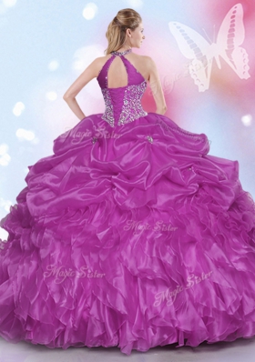 Most Popular Halter Top Sleeveless Floor Length Appliques and Pick Ups Lace Up Sweet 16 Dress with Fuchsia