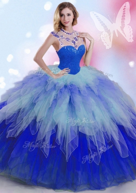 Most Popular Multi-color High-neck Neckline Beading and Ruffles Quinceanera Gowns Sleeveless Zipper