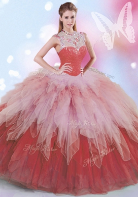 Multi-color Ball Gowns High-neck Sleeveless Tulle Floor Length Zipper Beading and Ruffles Ball Gown Prom Dress