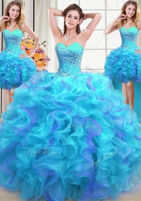 Pretty Four Piece Multi-color Lace Up Sweetheart Beading and Ruffles Quinceanera Dresses Organza Sleeveless