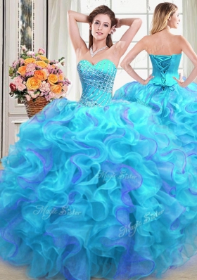 Pretty Four Piece Multi-color Lace Up Sweetheart Beading and Ruffles Quinceanera Dresses Organza Sleeveless