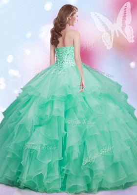 Pretty Sleeveless Floor Length Beading and Ruffles Lace Up Quinceanera Gowns with Apple Green