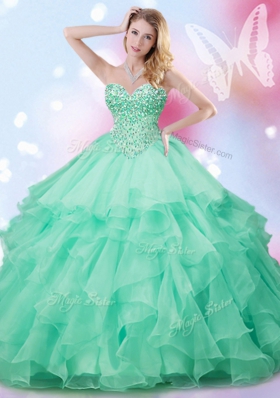 Pretty Sleeveless Floor Length Beading and Ruffles Lace Up Quinceanera Gowns with Apple Green