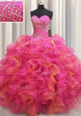 Pretty Sleeveless Organza Floor Length Lace Up Quinceanera Dress in Hot Pink for with Beading and Ruffles