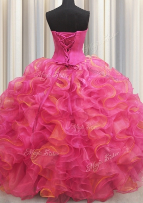 Pretty Sleeveless Organza Floor Length Lace Up Quinceanera Dress in Hot Pink for with Beading and Ruffles