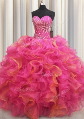 Pretty Sleeveless Organza Floor Length Lace Up Quinceanera Dress in Hot Pink for with Beading and Ruffles