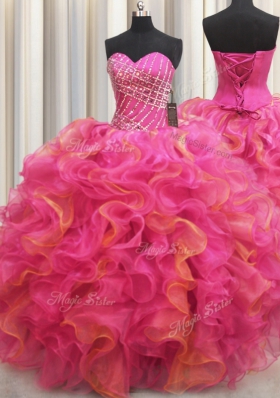 Pretty Sleeveless Organza Floor Length Lace Up Quinceanera Dress in Hot Pink for with Beading and Ruffles
