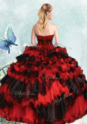 Red And Black Ball Gowns Appliques and Ruffled Layers Vestidos de Quinceanera Lace Up Organza Sleeveless Floor Length