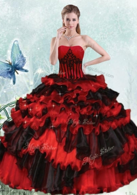 Red And Black Ball Gowns Appliques and Ruffled Layers Vestidos de Quinceanera Lace Up Organza Sleeveless Floor Length