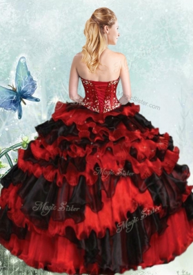 Red And Black Quinceanera Dress Military Ball and Sweet 16 and Quinceanera and For with Beading and Ruffled Layers and Sequins Sweetheart Sleeveless Lace Up