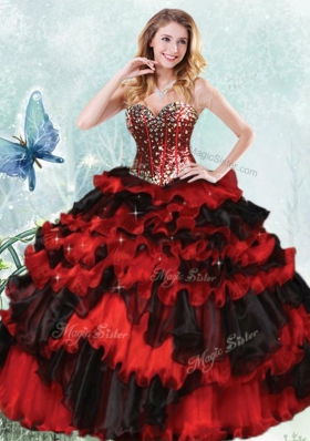 Red And Black Quinceanera Dress Military Ball and Sweet 16 and Quinceanera and For with Beading and Ruffled Layers and Sequins Sweetheart Sleeveless Lace Up