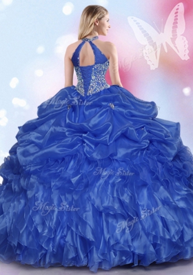 Royal Blue Quinceanera Gown Military Ball and Sweet 16 and Quinceanera and For with Appliques and Ruffles and Pick Ups Halter Top Sleeveless Lace Up