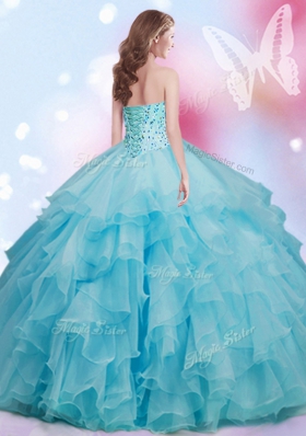 Shining Organza Sweetheart Sleeveless Lace Up Beading and Ruffles 15 Quinceanera Dress in Aqua Blue