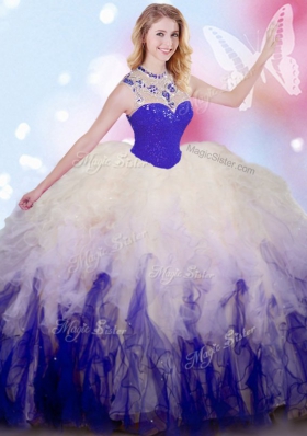 Sleeveless Tulle Floor Length Zipper Ball Gown Prom Dress in White And Purple for with Beading and Ruffles