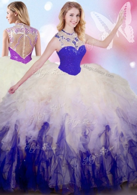Sleeveless Tulle Floor Length Zipper Ball Gown Prom Dress in White And Purple for with Beading and Ruffles