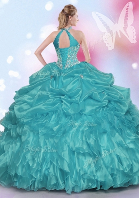 Smart Teal Ball Gowns Halter Top Sleeveless Organza and Taffeta Floor Length Lace Up Appliques and Ruffles and Pick Ups Ball Gown Prom Dress