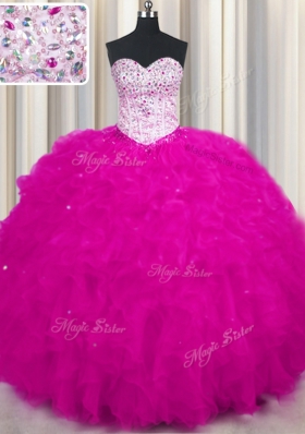 Spectacular Sweetheart Sleeveless Lace Up Quinceanera Gown Fuchsia Tulle