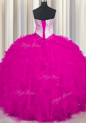 Spectacular Sweetheart Sleeveless Lace Up Quinceanera Gown Fuchsia Tulle