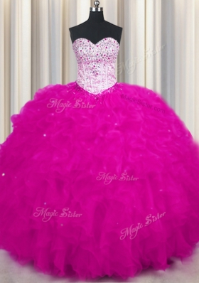 Spectacular Sweetheart Sleeveless Lace Up Quinceanera Gown Fuchsia Tulle