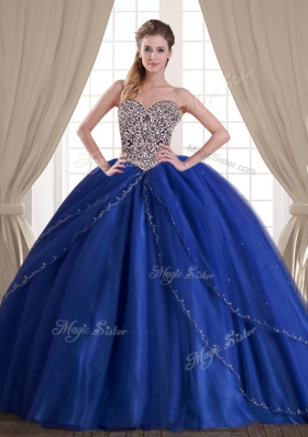 Stunning Royal Blue Sleeveless With Train Beading Lace Up Quinceanera Gowns