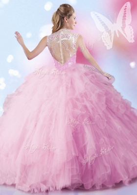 Suitable Sleeveless Tulle Floor Length Zipper 15 Quinceanera Dress in Baby Pink for with Beading and Ruffles and Sequins