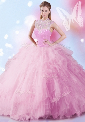 Suitable Sleeveless Tulle Floor Length Zipper 15 Quinceanera Dress in Baby Pink for with Beading and Ruffles and Sequins