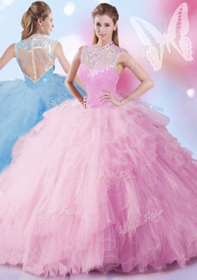 Suitable Sleeveless Tulle Floor Length Zipper 15 Quinceanera Dress in Baby Pink for with Beading and Ruffles and Sequins