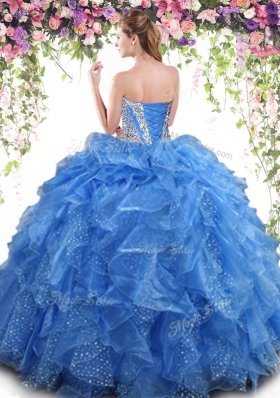 Superior Blue Sleeveless Floor Length Beading and Ruffles Lace Up Sweet 16 Dresses