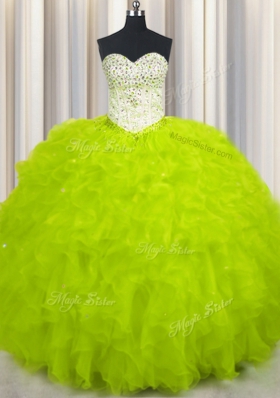 Sweetheart Sleeveless Lace Up Quinceanera Gown Yellow Green Tulle