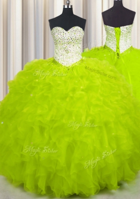 Sweetheart Sleeveless Lace Up Quinceanera Gown Yellow Green Tulle