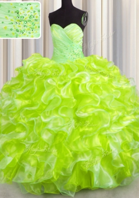 Sweetheart Sleeveless Lace Up Quinceanera Gowns Yellow Green Organza