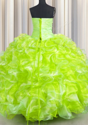 Sweetheart Sleeveless Lace Up Quinceanera Gowns Yellow Green Organza