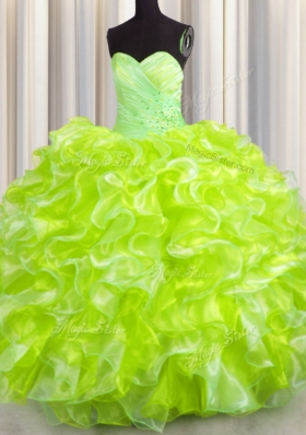 Sweetheart Sleeveless Lace Up Quinceanera Gowns Yellow Green Organza