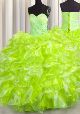 Sweetheart Sleeveless Lace Up Quinceanera Gowns Yellow Green Organza