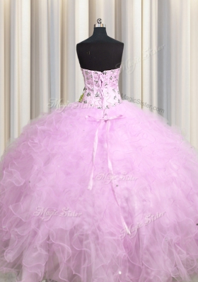 Visible Boning Lilac Sleeveless Tulle Lace Up Sweet 16 Dresses for Military Ball and Sweet 16 and Quinceanera