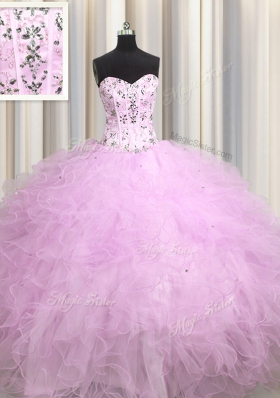 Visible Boning Lilac Sleeveless Tulle Lace Up Sweet 16 Dresses for Military Ball and Sweet 16 and Quinceanera
