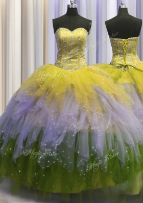Visible Boning Tulle Sleeveless Floor Length Vestidos de Quinceanera and Beading and Ruffles and Sequins