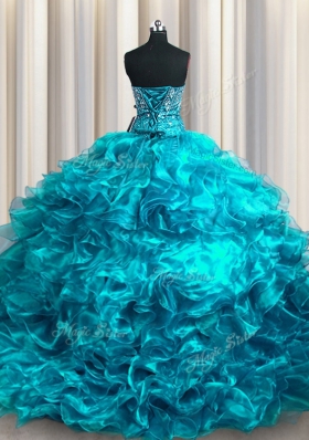 With Train Lace Up Quince Ball Gowns Teal and In for Military Ball and Sweet 16 and Quinceanera with Beading and Ruffles Brush Train