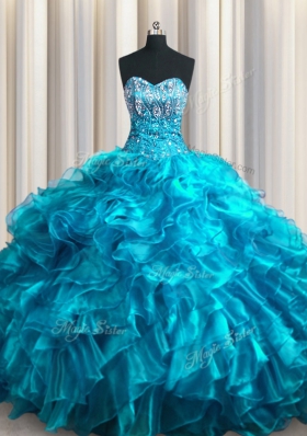 With Train Lace Up Quince Ball Gowns Teal and In for Military Ball and Sweet 16 and Quinceanera with Beading and Ruffles Brush Train