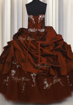 Attractive Embroidery Sleeveless Taffeta Floor Length Lace Up Quinceanera Gowns in Burgundy for with Beading and Appliques and Pick Ups